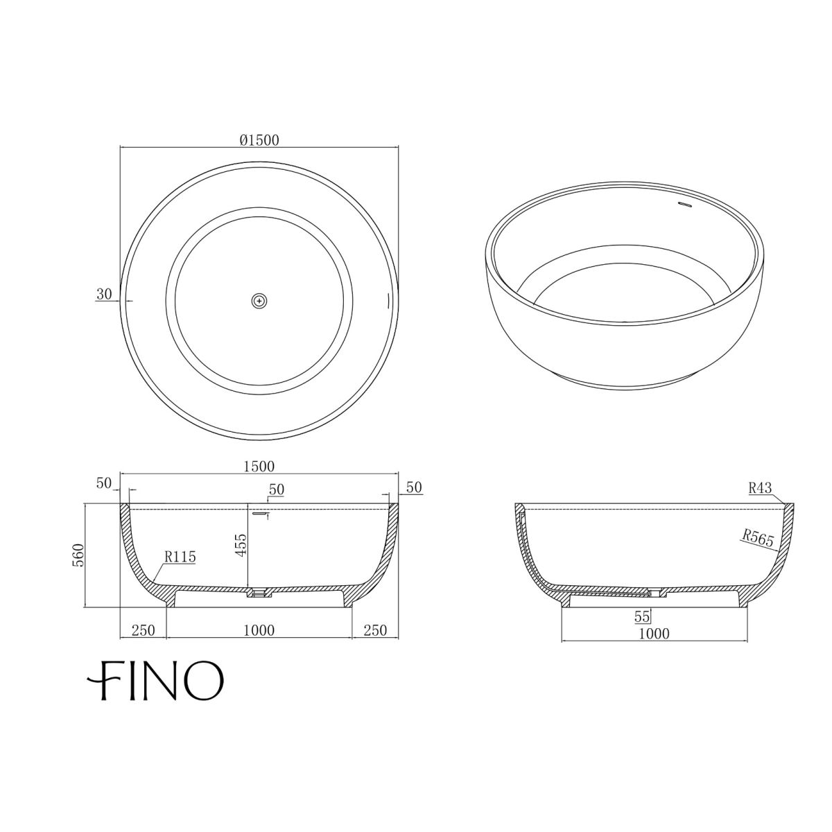 Lorenzo Matt White Freestanding Stone Bath 1500mm