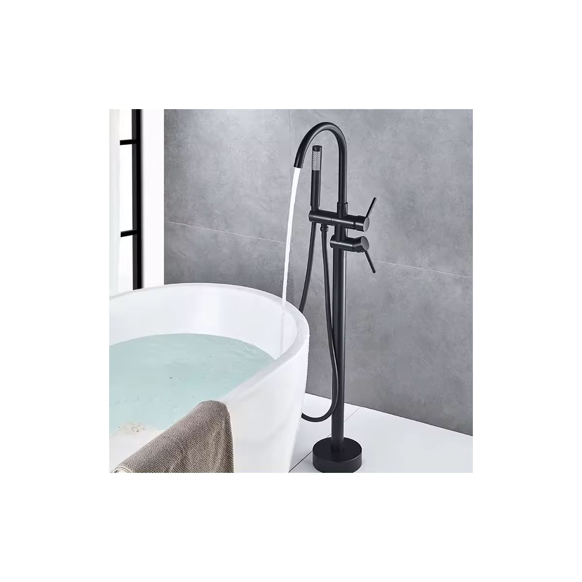 Round Freestanding Matt Black Bath Tap With Shower