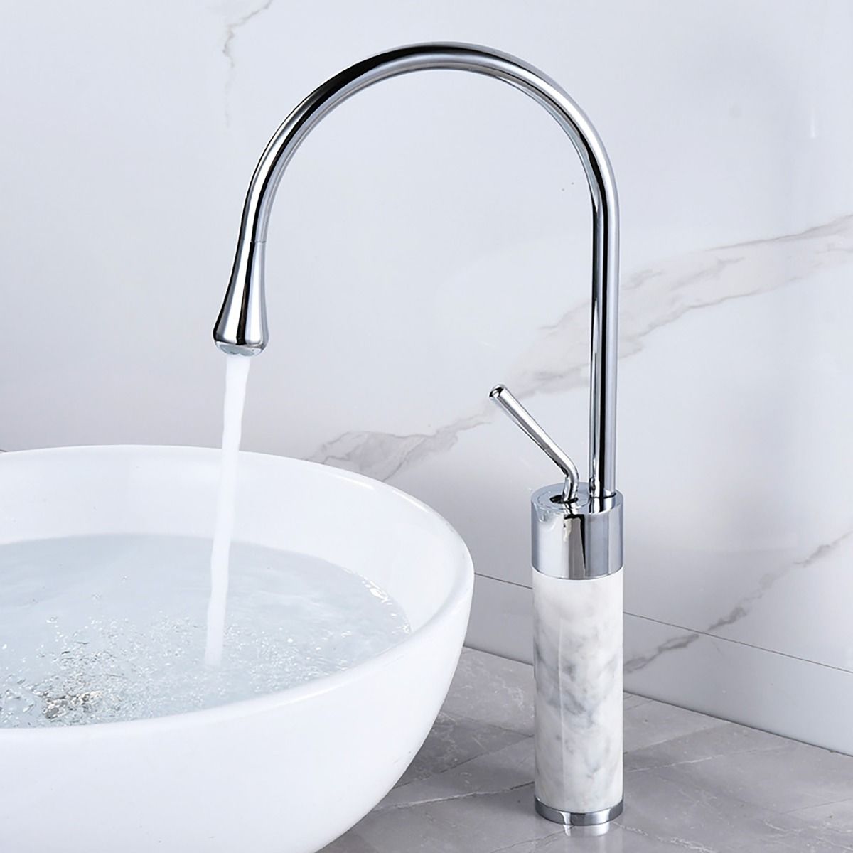 Tall Body Silver Bathroom Basin Faucet With Marble