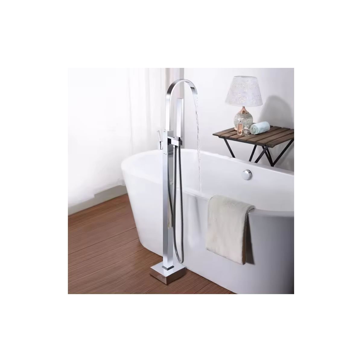 Square Curve Freestanding Silver Chrome Plated Bath Tap With Shower