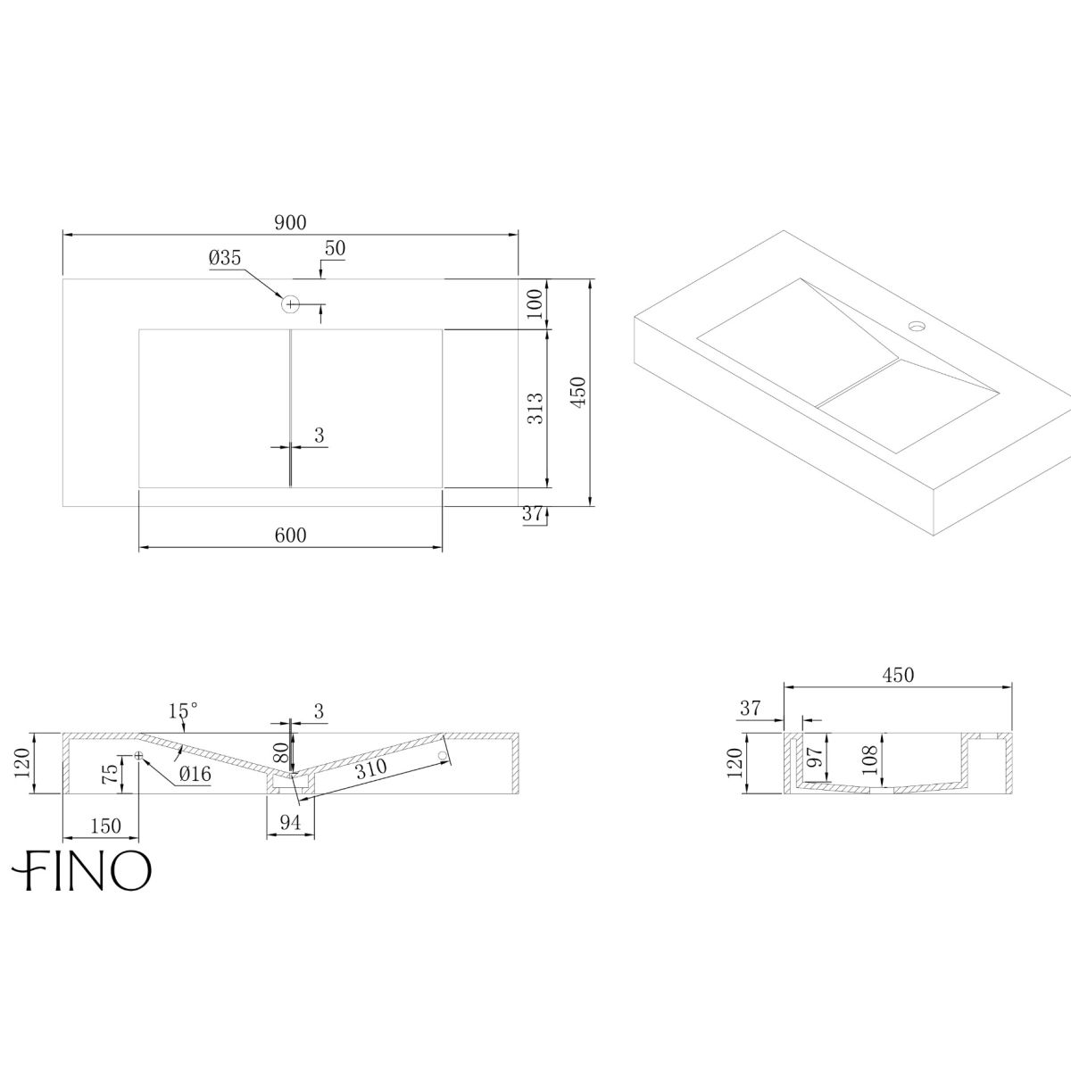 Burgos Matt White Sloped Wall Hung Stone Basin 900mm