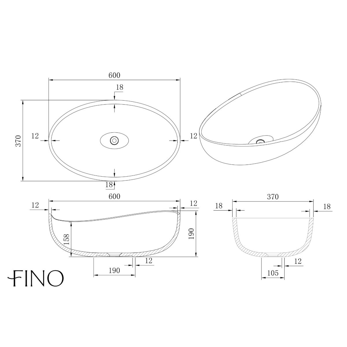 Mallorca Matt White Countertop Stone Basin 600mm