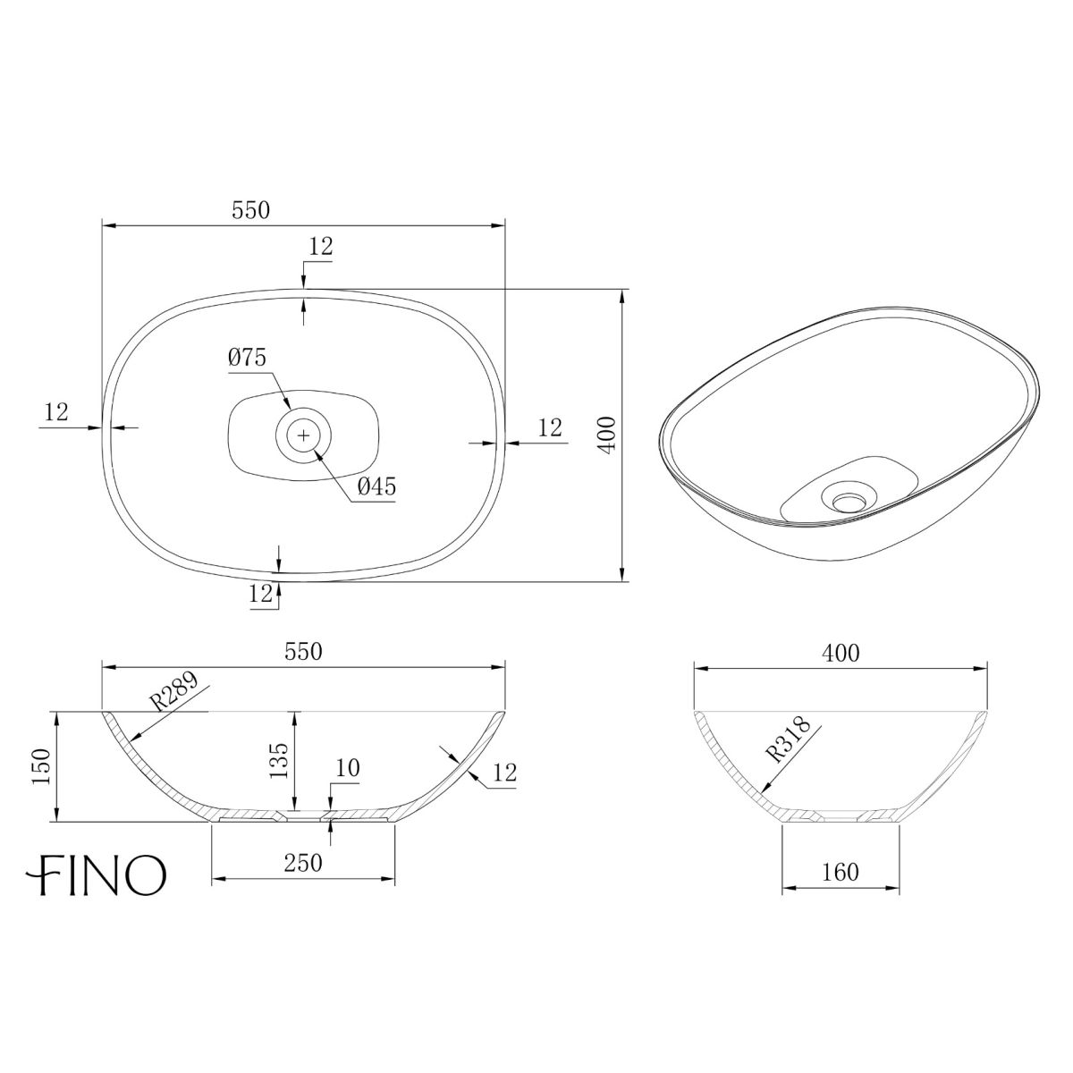 Almeria Matt White Countertop Stone Basin 550mm