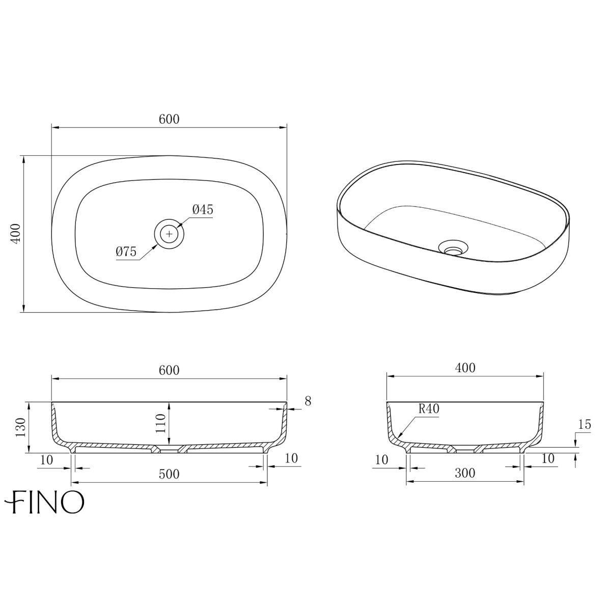 Cadiz Matt White Countertop Stone Basin 600mm