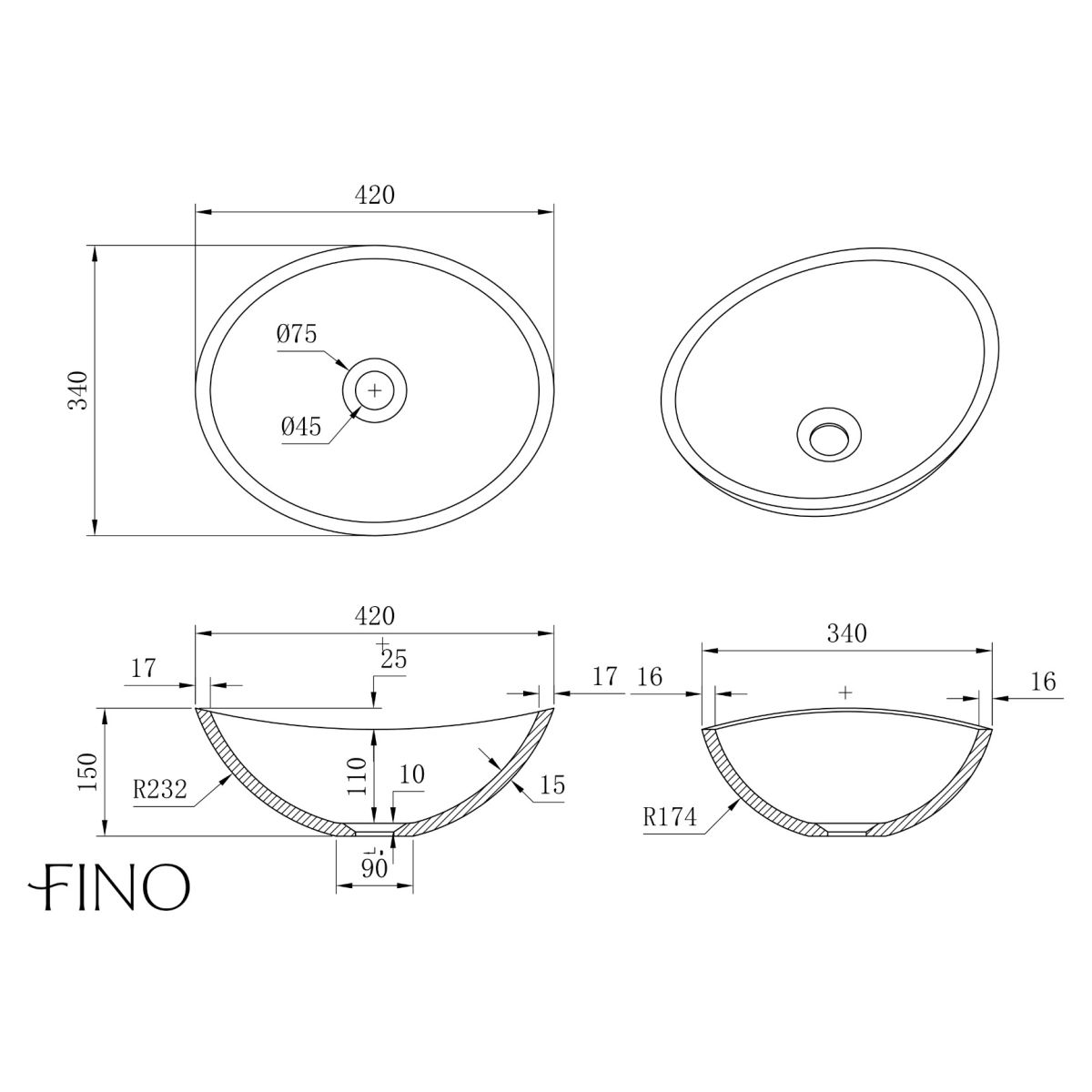 Ronda Matt White Countertop Stone Basin 420mm